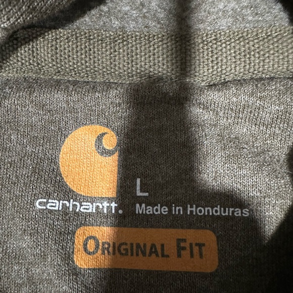 Carhartt Olive Green Pullover Hoodie with Yellow Sleeve Logo - Picture 3 of 5